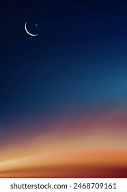 Sky Night,Ramadan Kareem Background with Crescent moon,Star with twilight dusk Sky,Vector Greeting festive for symbolic of Muslim culture ,Eid Mubarak,Eid al adha,Eid al fitr,Islamic new year,Muharram