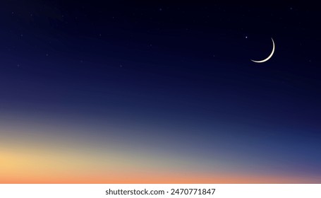 Noche del cielo, fondo de Kareem de Ramadán con luna creciente, estrella y crepúsculo, Vector de felicitación festivo por el símbolo de la cultura musulmana, Eid Mubarak, Eid al adha, Eid al fitr, año nuevo islámico, Muharram