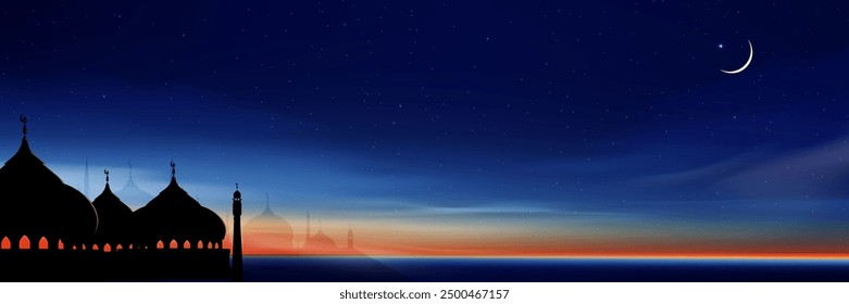 Sky Night,Ramadan Kareem Background with Crescent moon,Mosques,Star with Sunset Sky,Vector Greeting festive for symbolic of Muslim culture,Eid Mubarak,Eid al adha,Eid al fitr,Islamic new year,Muharram