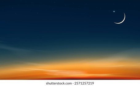 Sky Night,Ramadan Kareem Background with Crescent moon,Star with twilight dusk Sky,Vector Greeting festive for symbolic of Muslim culture ,Eid Mubarak,Eid al adha,Eid al fitr,Islamic new year,Muharram