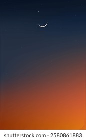 Sky Night,Ramadan Kareem Background with Crescent moon,Star with blue, orange twilight dusk Sky ,Vector symbolic of Muslim culture ,Eid Mubarak,Eid al adha,Eid al fitr,Islamic new year, Muharram