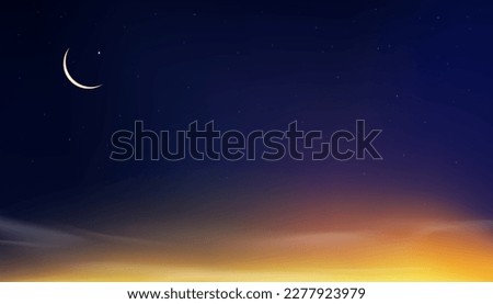 Sky Night,Ramadan Kareem Background with Crescent moon,Star with twilight dusk Sk,Vector Greeting festive for symbolic of Muslim culture ,Eid Mubarak,Eid al adha,Eid al fitr,Islamic new year, Muharram