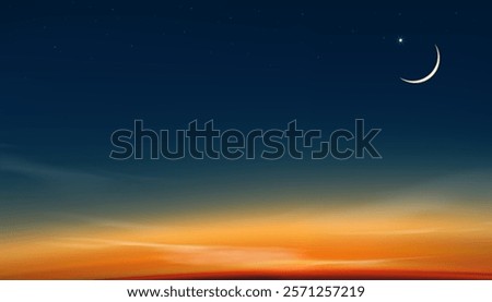 Sky Night,Ramadan Kareem Background with Crescent moon,Star with twilight dusk Sky,Vector Greeting festive for symbolic of Muslim culture ,Eid Mubarak,Eid al adha,Eid al fitr,Islamic new year,Muharram