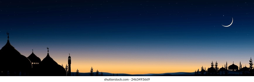 Sky Night,Ramadan Kareem Background Dome Mosques,Crescent moon,Star,twilight dusk Sky,Vector Greeting card for symbolic of Muslim culture ,Eid Mubarak,Eid al adha,Eid al fitr,Islamic new year,Muharram