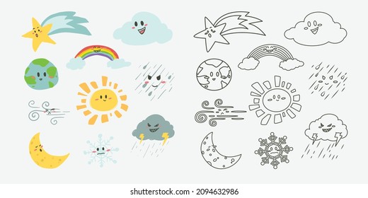 Sky objects doodle cartoon character for kid coloring book illustration design
