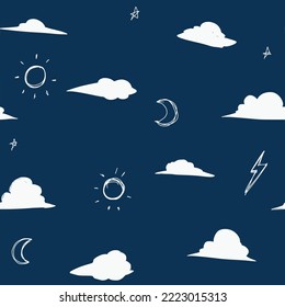 Sky objects seamless pattern illustration. Sun, moon, cloud, thunder, kids doodle hand drawn motives for textile, wallpaper, background, hijab, fabric, wrapping.