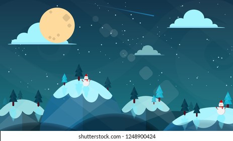 Sky over the forest at night With full moon and snow man, christmas santa claus.