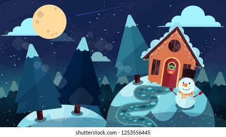 Sky over the forest at night With full moon and snow man, christmas santa claus.