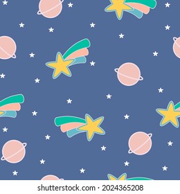 Sky painting, the meteor, Saturn, stars on a blue background in pattern and background, vector.