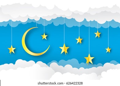 Sky paper art. Origami crescent moon, cloud and stars. Vector