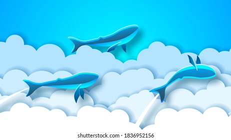 Sky Paper Cut Gradient Background With Fishes Whale Clouds Vector Design Style