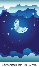 Sky paper decoration. Little paper theater: hanged moon, stars and clouds. 