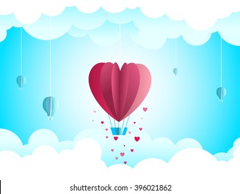 Sky paper decoration. Little paper theater: hanged heart shaped hot air balloon and clouds.