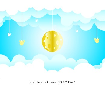 Sky paper decoration. Little paper theater: Golden paper sun and birds flying around.