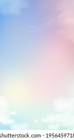 Sky Pastel Colourful in Blue,Pink,Purple,Green,Orange and Yellow with fluffy clouds in morning, Fantasy magical sunset sky on spring or summer,Vector Vertical sweet background banner for seasonal sale