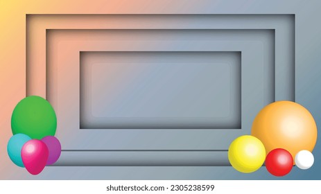 El gradiente de color azul pastel resplandece las capas de sombra con bolas 3D y globo. rectángulos profundos de resplandor de papel cortados con bolas de arco iris y globos.