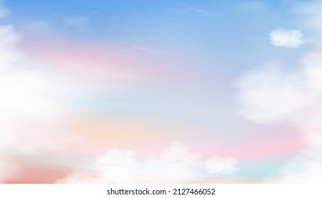 Sky pastel tone and fluffy cloud in blue  pink  purple  orange in morning Fantasy magical colourful sunset sky spring summer Vector illustration sweet cotton cloud background for holiday banner