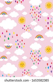Sky Pattern, Colorful seamless rainbow, Pink sky Background, Sky Wallpaper Love Cards Vector Stock Vector Illustration, sun, cloud, rain, rainbow.