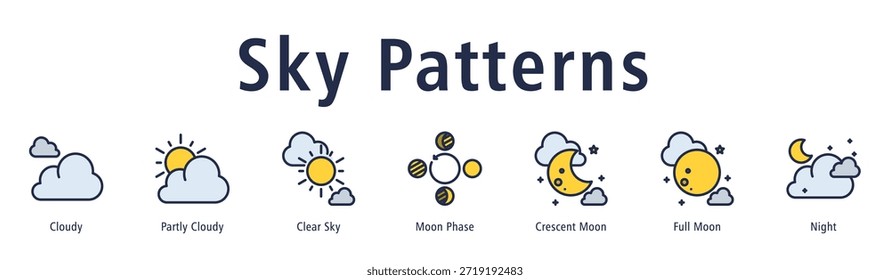 Sky Patterns web banner icon vector illustration with icons of Cloudy, Partly Cloudy, Clear Sky, Moon Phase, Crescent Moon, Full Moon, and Night.