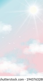 El cielo en color rosa y azul pastel,Ilustración vectorial del cielo con nubes esponjosas blancas con el sol brillante, Banner vertical del fondo natural para el concepto de vacaciones de primavera o verano 