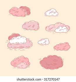 Sky. Pink clouds. Hand Drawn Doodle Clouds Vector Collection. 