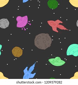 Sky with planets and celestial bodies seamless pattern. Vector illustration of a planet seamless pattern. Hand drawn planets and stars.