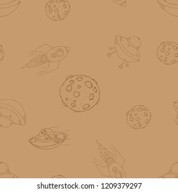 Sky with planets and celestial bodies seamless pattern. Vector of a planet seamless pattern. Hand drawn planets.