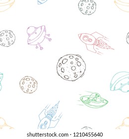 Sky with planets and celestial bodies seamless pattern. Vector of a planet seamless pattern. Hand drawn set planets.