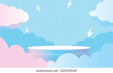 El podio del cielo para los productos muestra la presentación con nubes, gotas de lluvia y relámpagos. Ilustración del vector