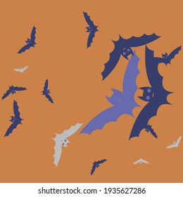 Sky Print Retro Colorful Simple Art. Grey Purple Chaos Violet Art Flying Bats Fabrics. Gothic Eyes Night Scary Motion Bats Vector Illustration. Creepy Attack Spooky Orange Halloween Art Illustration.