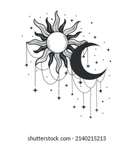 Sky print print, sun and crescent moon with bead and star embellishments. Vector illustration isolated on white background. Boho tattoo for a witch.