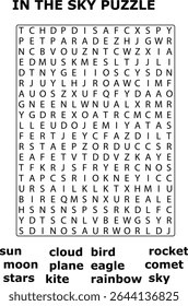 And Sky Puzzle Word Search Game Featuring Sun Moon Stars Rainbow Eagle Plane Rocket Comet Cloud Bird Kite