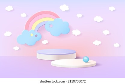 The sky with rainbow and cloud, paper art style, Minimal background mock up with podium for product display. 3d rendering.