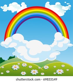 Sky with rainbow over green field with Daisies