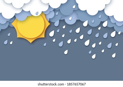 Cielo con nubes lluviosas, gotas de sol y lluvia. El papel cortó el tiempo.