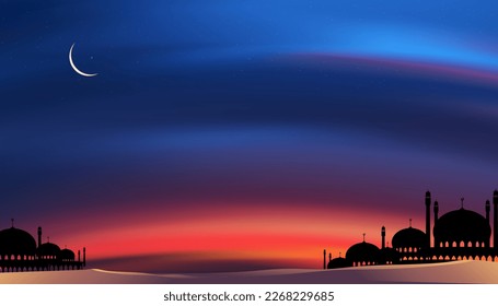 Tarjeta de Ramadán con cúpula de mezquitas, luna creciente con fondo azul del cielo, Banner vertical Ramadan Night con crepúsculo cielo para la religión islámica, Eid al Adha, Eid Mubarak, Eid al fitr, Ramadan Kareem