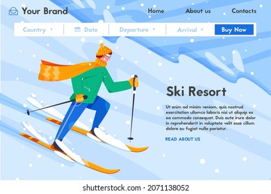 Sky resort vector flat banner template. Happy man in warm clothes skiing. Young sportsman riding downhill. Winter sport, hobby, activity outdoors, snowy landscape.