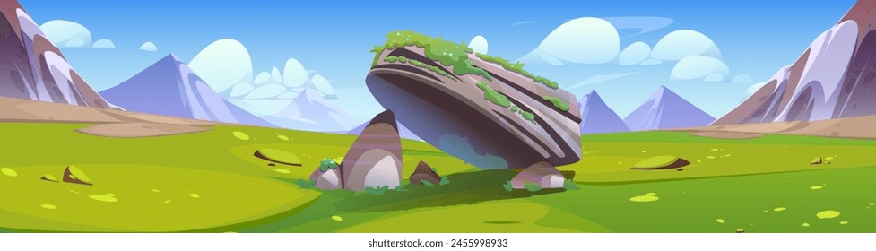 Sky, rock and green grass field in mountain scene. Summer meadow landscape in alps valley environment. Beautiful sunny game panorama with geology boulder pile. Outdoor peaceful fairytale background