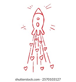 A sky rocket with hearts trail. Hand-drawn red contour elements isolated on a white background. Romantic love themed and pacifist anti war designs, Valentines Day, cards, web, blog, prints, posters