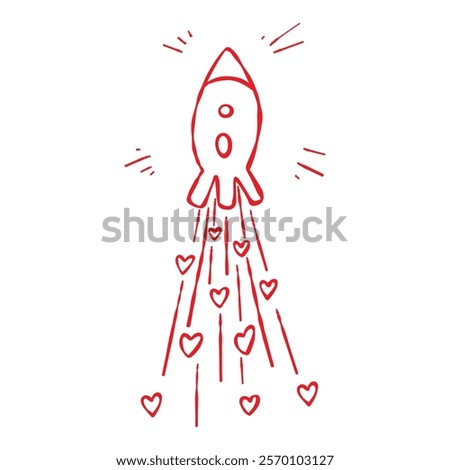 A sky rocket with hearts trail. Hand-drawn red contour elements isolated on a white background. Romantic love themed and pacifist anti war designs, Valentines Day, cards, web, blog, prints, posters