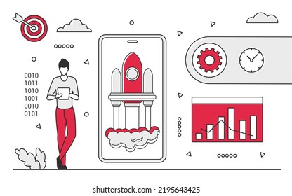 Tendencia del lanzamiento de cohetes Sky. Nueva idea de proyecto, exitosa ilustración monocolor vectorial de inicio de negocio
