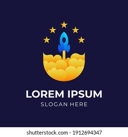 sky rocket logo, rocket and star, combination logo with 3d yellow and blue color style