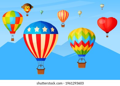 Sky romantic flight, balloons fly over mountain range, banner journey trip aerostat basket postcard flat vector illustration.