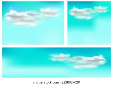 Sky scape with clouds, sun rays and copy space for card , background, wallpaper, poster,  banner or other design. Square and horisontal backdrop. Each background is isolated. Vector illustration. Set.