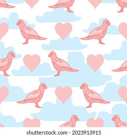 Sky scape vector seamless repeating pattern with cute pink birds in front of pale blue clouds with decorative pale pink hearts