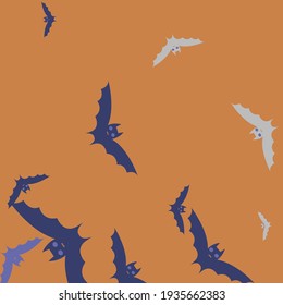 Sky Scary Purple Colorful Flying Bats Art Pattern. Violet Creepy Spooky Motion Halloween Modern Design. Grey Night Eyes Retro Chaos Bats Vector Background. Print Attack Orange Gothic Simple Art.