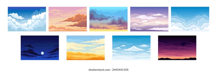 Sky Scene with Cloudscape Picturesque Scenery Vector Set