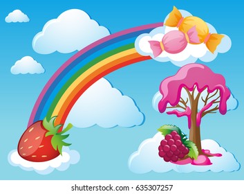 Sky scene with rainbow and candy illustration