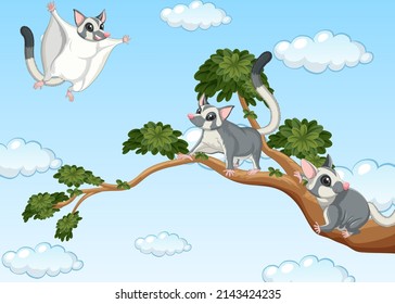 Sky scene with three sugar gliders illustration