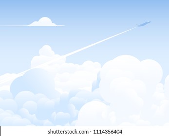 Sky scenery landscape, jet flying through clouds with smoke trail above the sky, bright blue tone